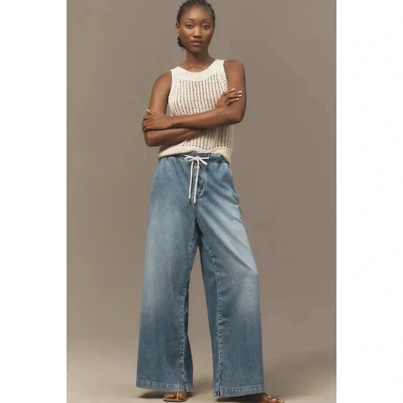 New Anthropologie Pilcro Drawstring Pull-On Wide-Leg Jeans Denim Blue Large - Picture 14 of 14